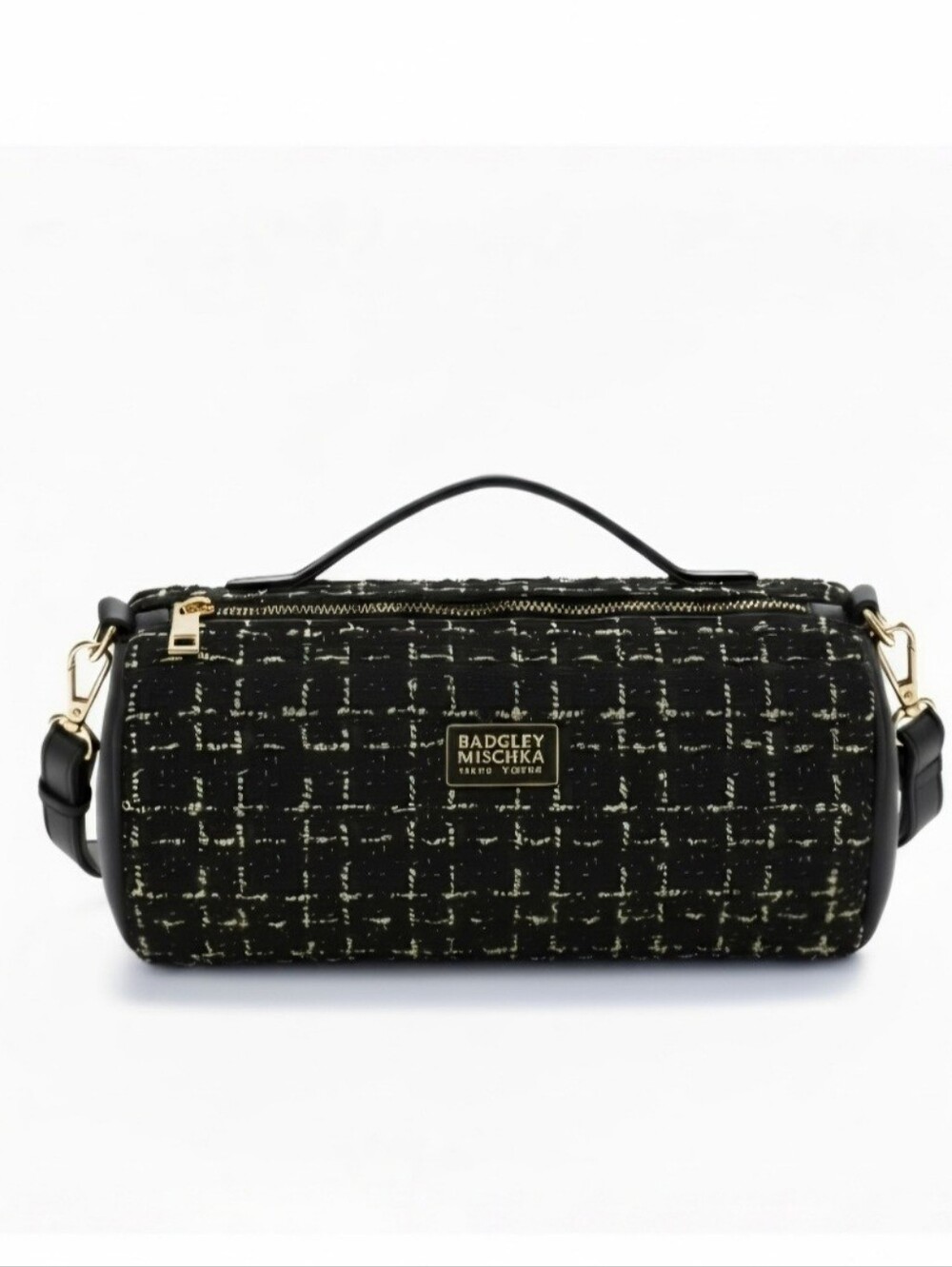 Badgley Mischka Tara Black Gold Tweed Barrel Crossbody Satchel Handbag NWT